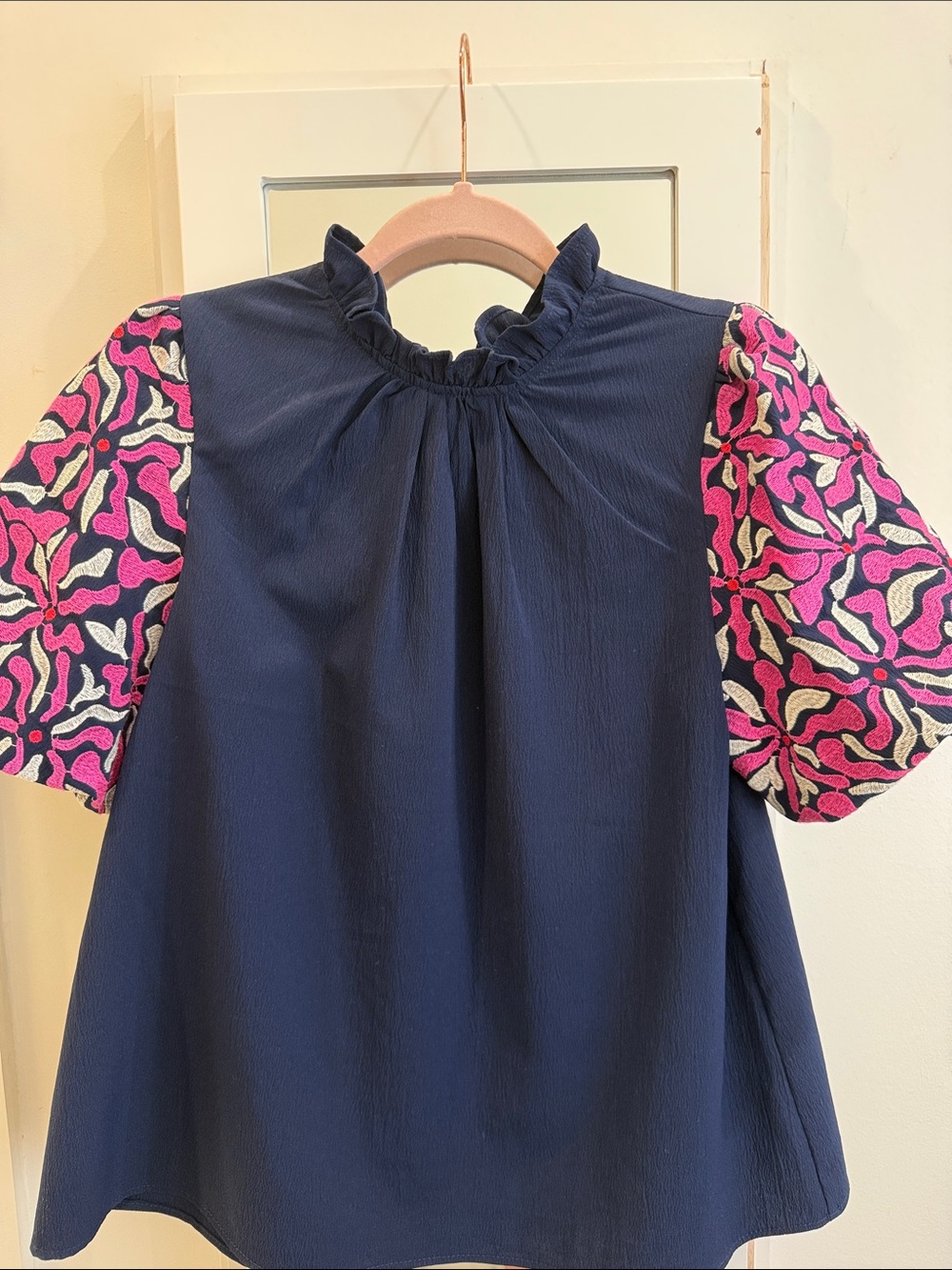 entro Navy Top with Pink Patterned Puff Sleeves